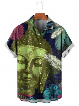 Men's Vintage Buddha Head Print Short Sleeve Shirt