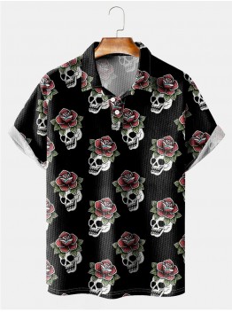 Men's Lapel Skull Print Short Sleeve Polo Shirt